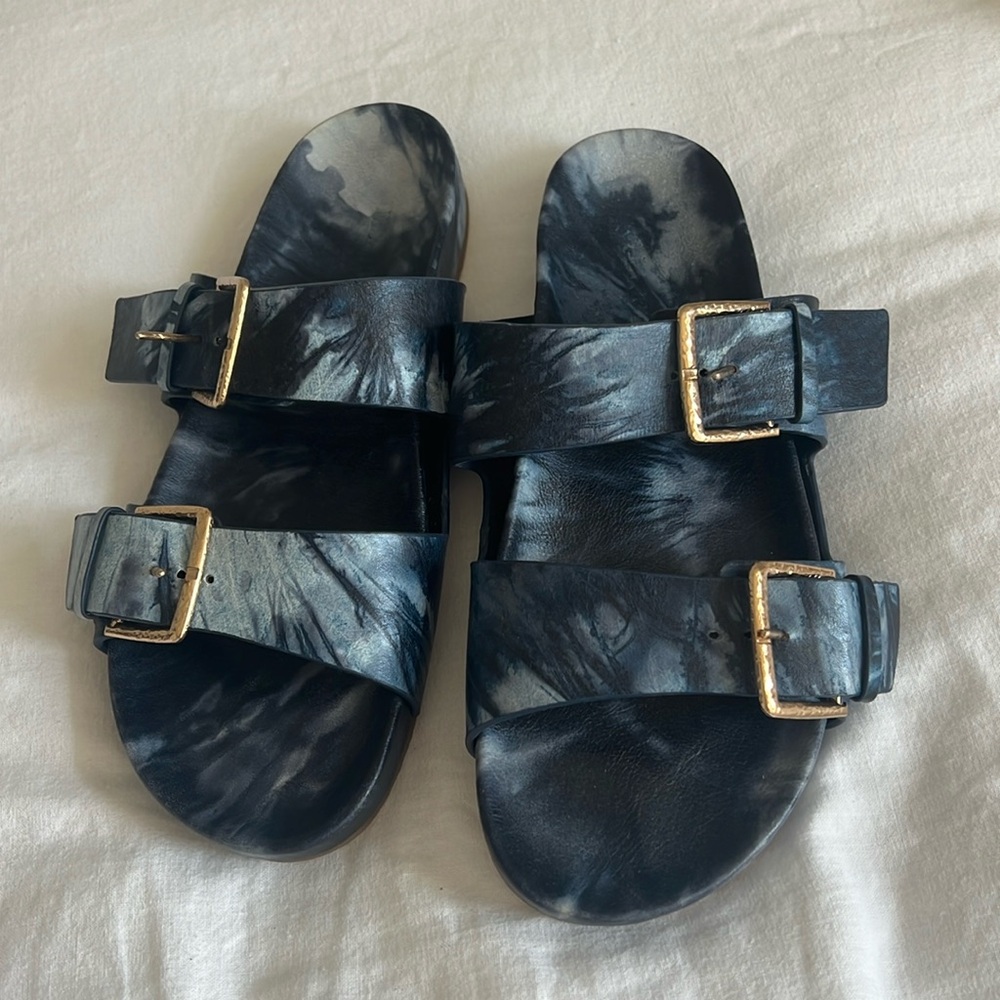 Ulla Johnson leather blue tie dye slides